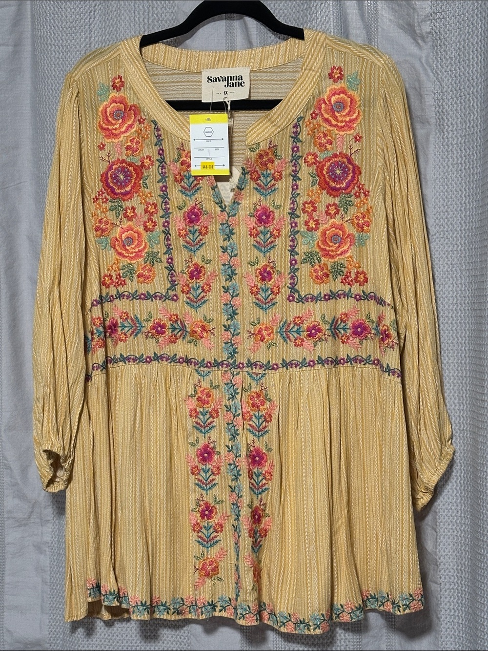 Savanna Jane Mustard Yellow Embroidered Floral Blouse, NWT’s, Size 1X